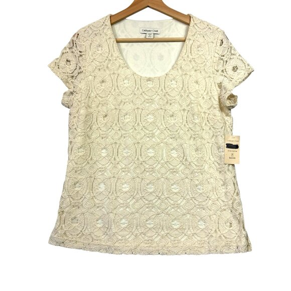 Coldwater Creek Women Lace Top Short Sleeve Scoop Neck Lined Size M Cream NWT - Picture 1 of 8